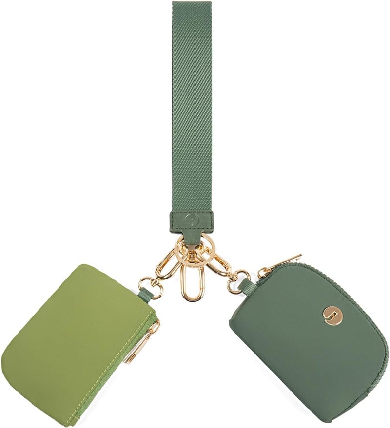 JEEBURYEE Dual Pouch Wristlet Keychain Wallets for Women with 2 Detachable Zipper Coin Purse - Small and Portable Mini Card Wallet for Women Men Gold Hardware Green+Dark Green - Image 1